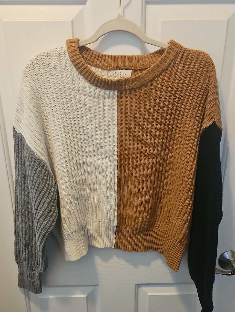 Colorblock Cropped Sweater - Black, White, Gray, and Brown